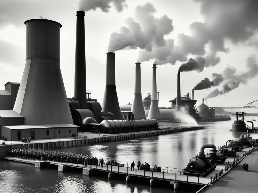 Una impresionante fotografía en blanco y negro de un bullicioso muelle industrial con grandes turbinas hidrocinéticas