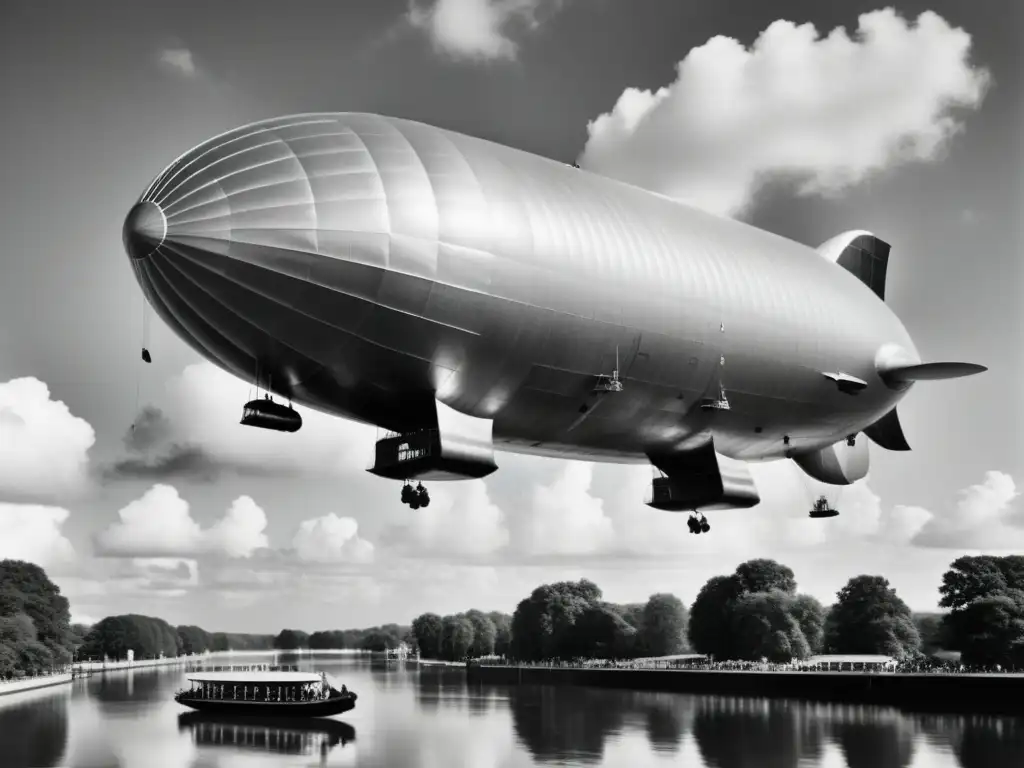 Un impresionante dirigible vintage flota majestuosamente entre las nubes, evocando la historia de los dirigibles modernos