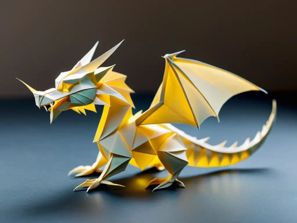 Un impresionante dragón de origami en papel de arroz de estilo vintage, con pliegues delicados y precisos que crean una pose realista y dinámica