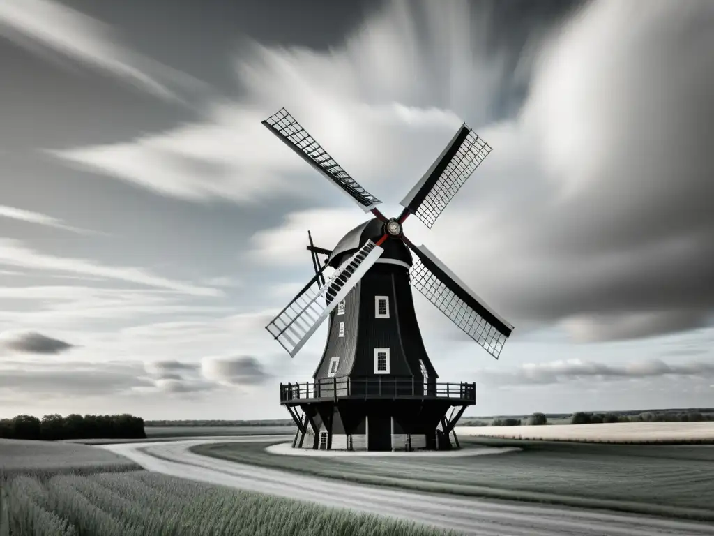 Un impresionante molino de viento industrial histórico se alza sobre el paisaje, con sus enormes aspas girando en el viento