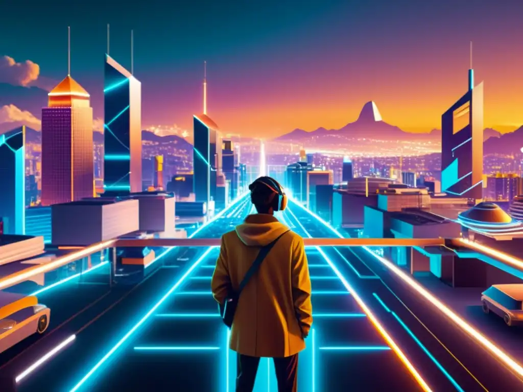 Un impresionante paisaje urbano futurista con nodos de blockchain integrados, evocando confianza en la tecnología blockchain y la seguridad digital