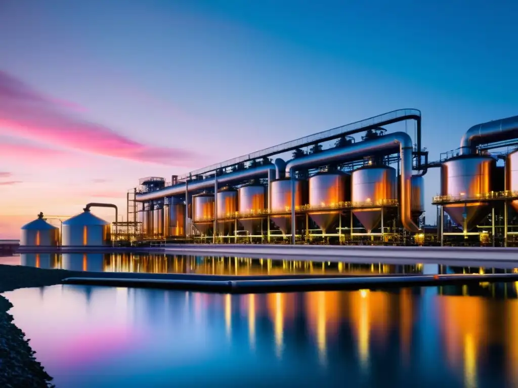 Una impresionante planta de desalinización a la luz del atardecer, reflejando el cielo anaranjado y rosa en las estructuras metálicas y el agua clara