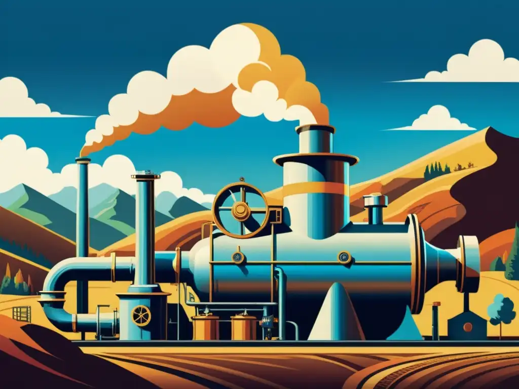 Una impresionante ilustración vintage en 8k de una central eléctrica de turbinas de vapor, con un paisaje de colinas y cielo azul de fondo