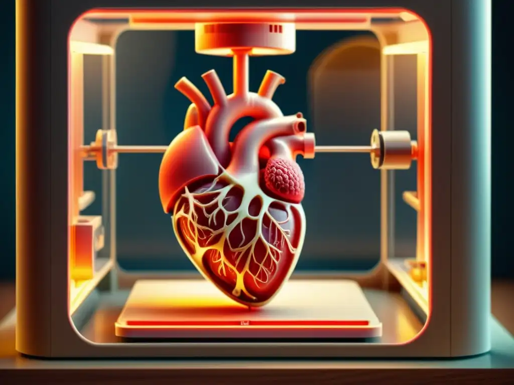 Una impresora 3D crea un detallado modelo anatómico de un corazón humano, resaltando las aplicaciones de la impresión 3D en medicina