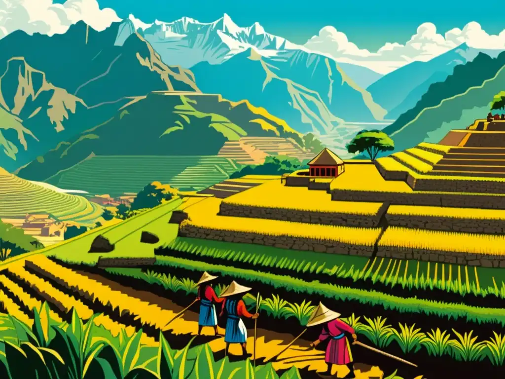 Inca agricultores usando herramientas agrícolas revolucionarias con terrazas y montañas de los Andes al fondo, evocando la innovación Inca