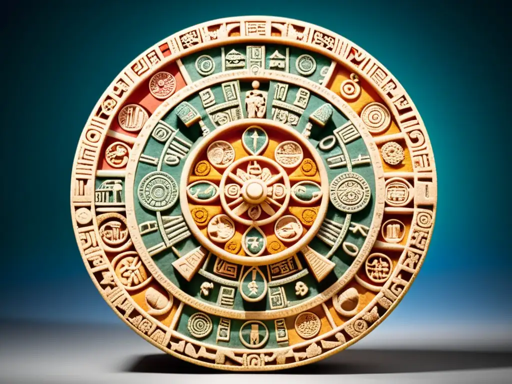 Increíble rueda de calendario maya tallada en piedra con colores vibrantes y símbolos precisos, destacando los inventos ingeniosos Mayas historia