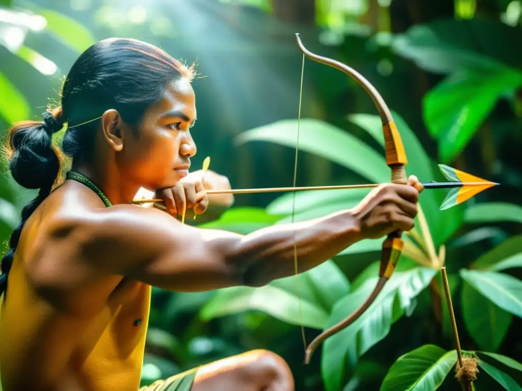 Un indígena amazónico experto elabora un arco y flechas tradicionales en la exuberante selva