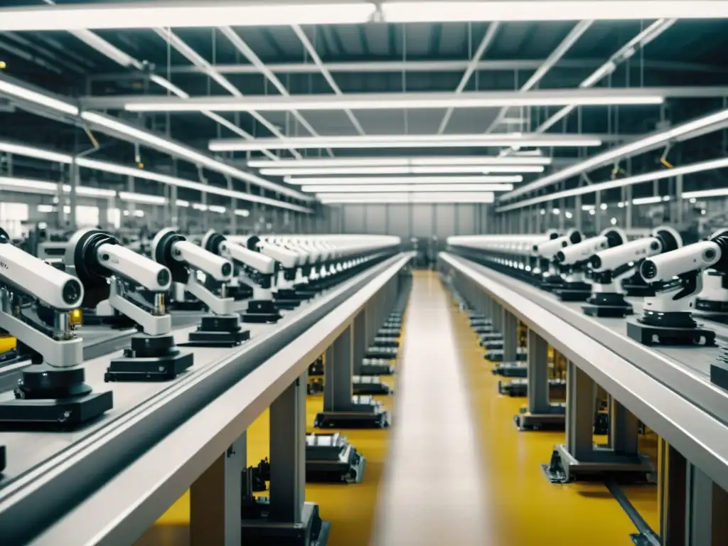 Transformación industrial mediante la robótica: Fotografía en blanco y negro de una línea de ensamblaje robótica futurista en una planta de fabricación vintage, con robots trabajando en perfecta sincronización para ensamblar maquinaria intrincada