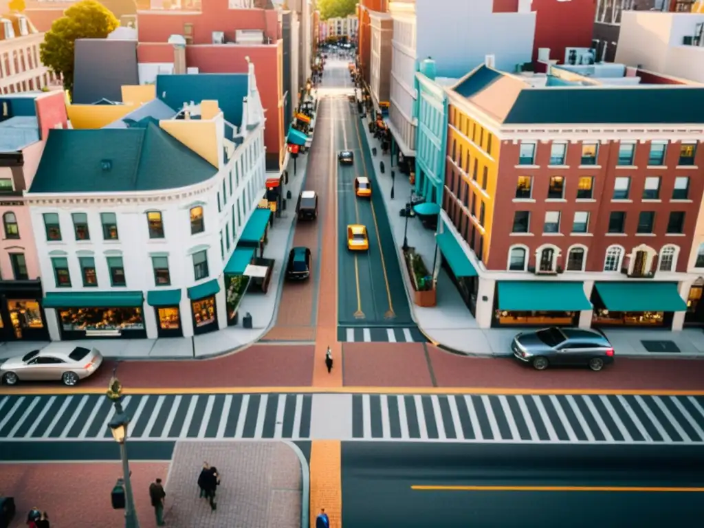 Influencia de drones en la vida cotidiana: Vista aérea de una bulliciosa calle de la ciudad, con edificios coloridos y detalles arquitectónicos