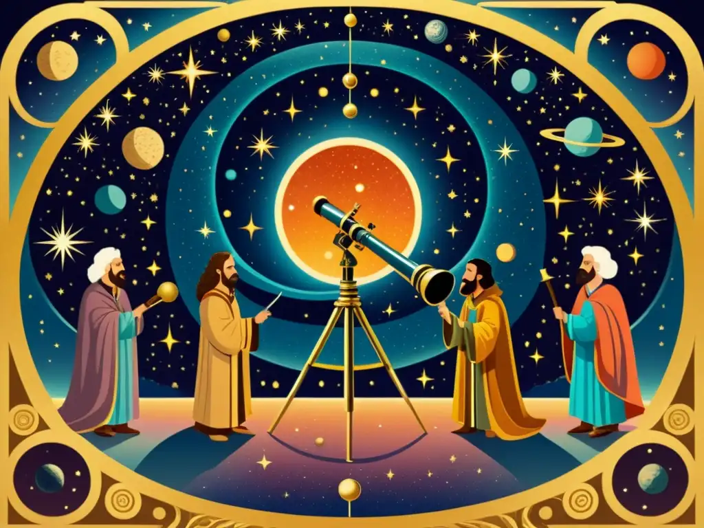 Influencia de la energía cósmica en ilustración vintage de astrónomos antiguos observando el cosmos con telescopios elaborados y galaxias giratorias