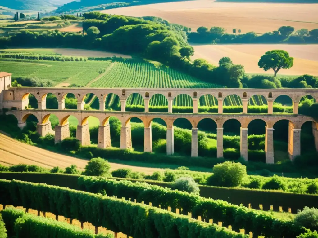 Influencia de los invernaderos en la agricultura: Antiguo acueducto romano sobre exuberante paisaje rural, con luz solar filtrándose entre los arcos