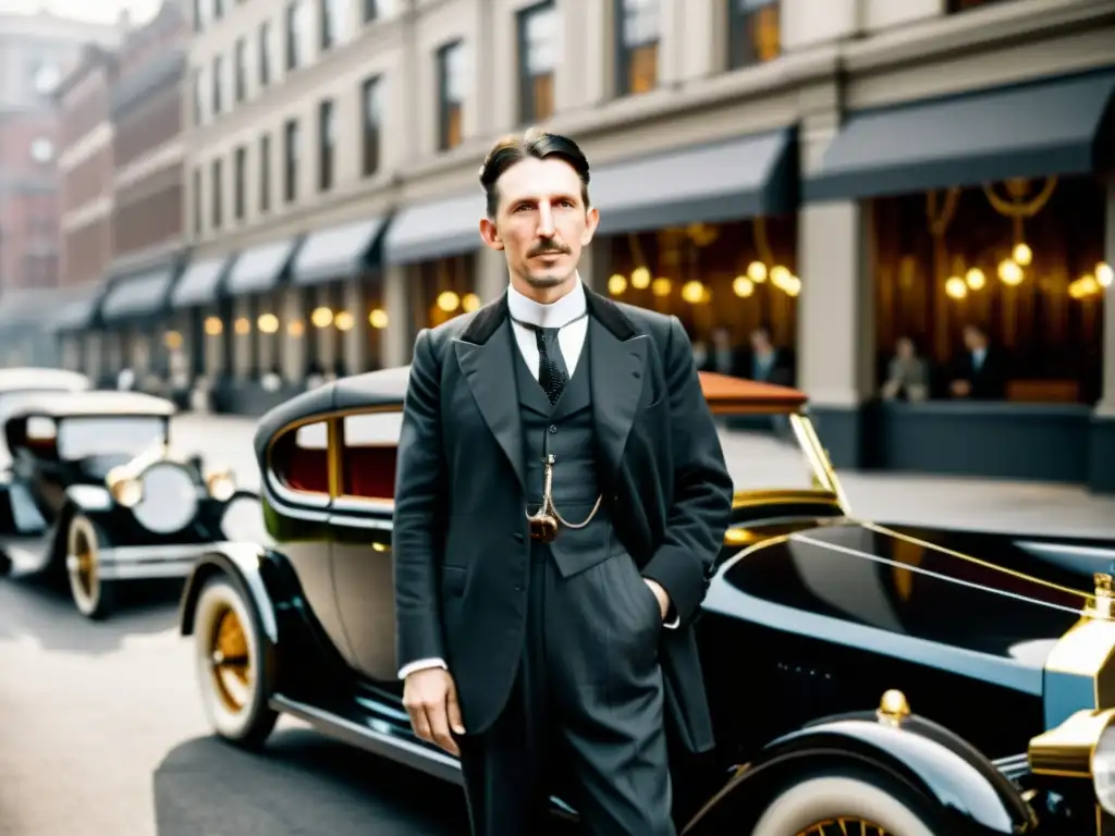 Influencia de Nikola Tesla en vehículos eléctricos: Fotografía vintage en blanco y negro de Tesla junto a su innovador auto eléctrico, con componentes eléctricos al descubierto y un ambiente futurista de la era pionera de los vehículos eléctricos