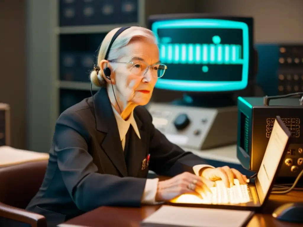 Grace Hopper, pionera de la informática, concentrada en programar en un entorno vintage