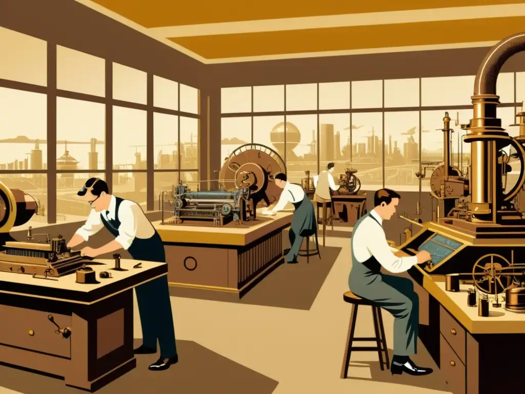 Inventores y maquinaria vintage: escena de innovación tecnológica Ingenieros trabajando en inventos del siglo XX, evocando emoción y descubrimiento