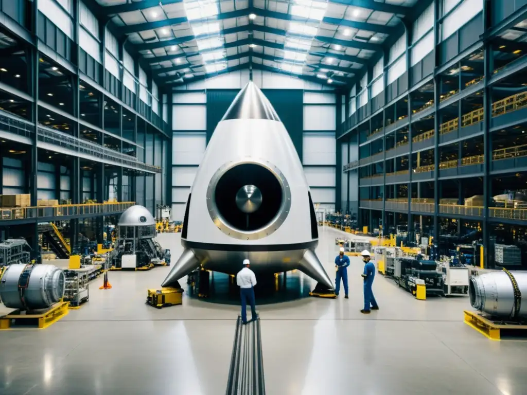 Ingenieros de SpaceX trabajando en un prototipo de cohete en un almacén