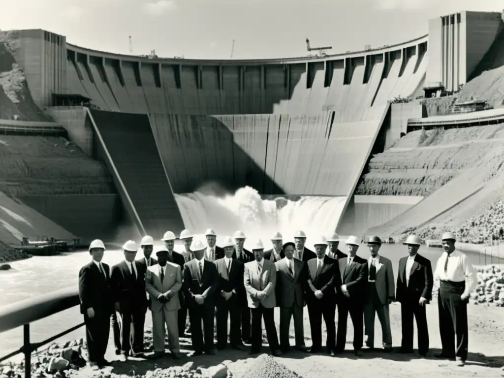 Ingenieros y trabajadores frente a imponente presa hidroeléctrica en construcción