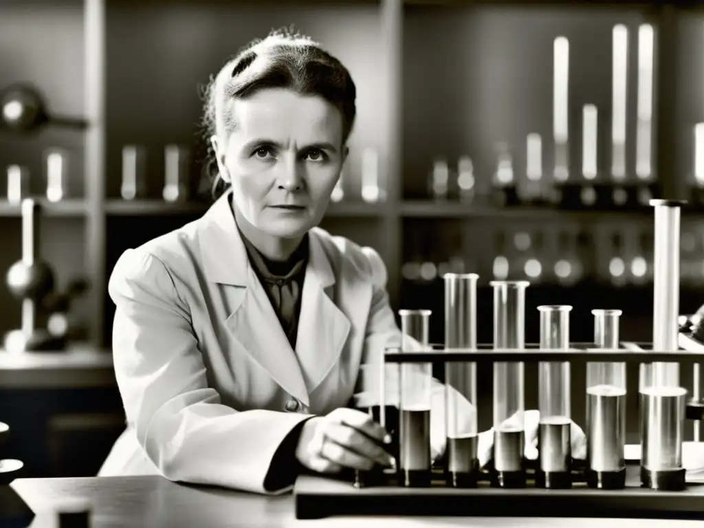 Marie Curie inmersa en su laboratorio, rodeada de equipo científico, sosteniendo material radioactivo