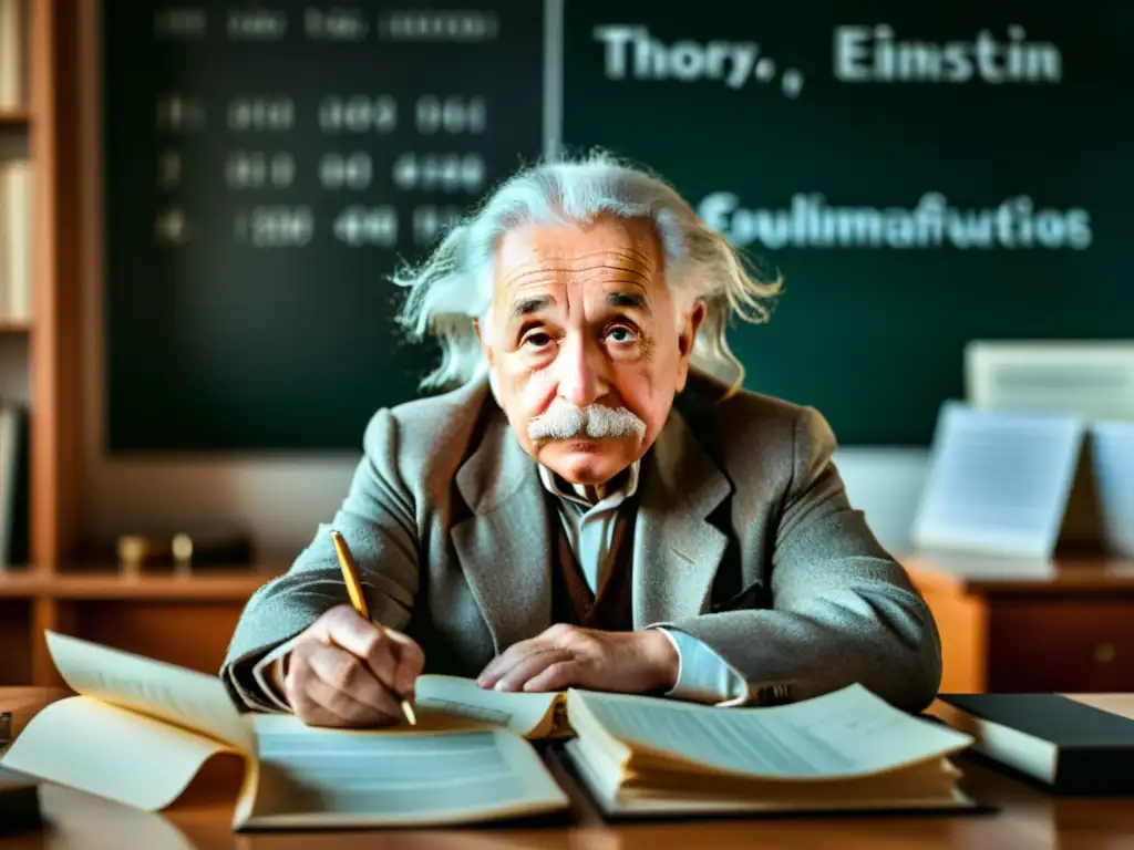 Albert Einstein inmerso en su estudio, rodeado de ecuaciones complejas, reflejando la intensidad de su Teoría de la relatividad impacto física