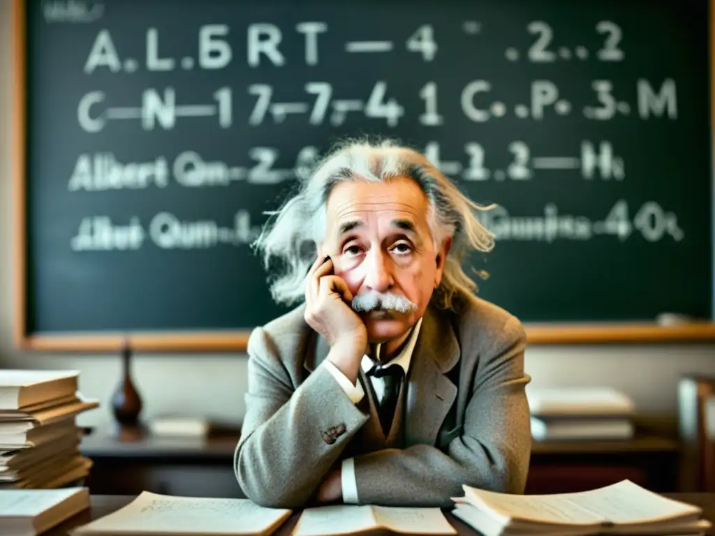 Albert Einstein inmerso en la física teórica, rodeado de papeles y ecuaciones, reflexionando en su escritorio desordenado