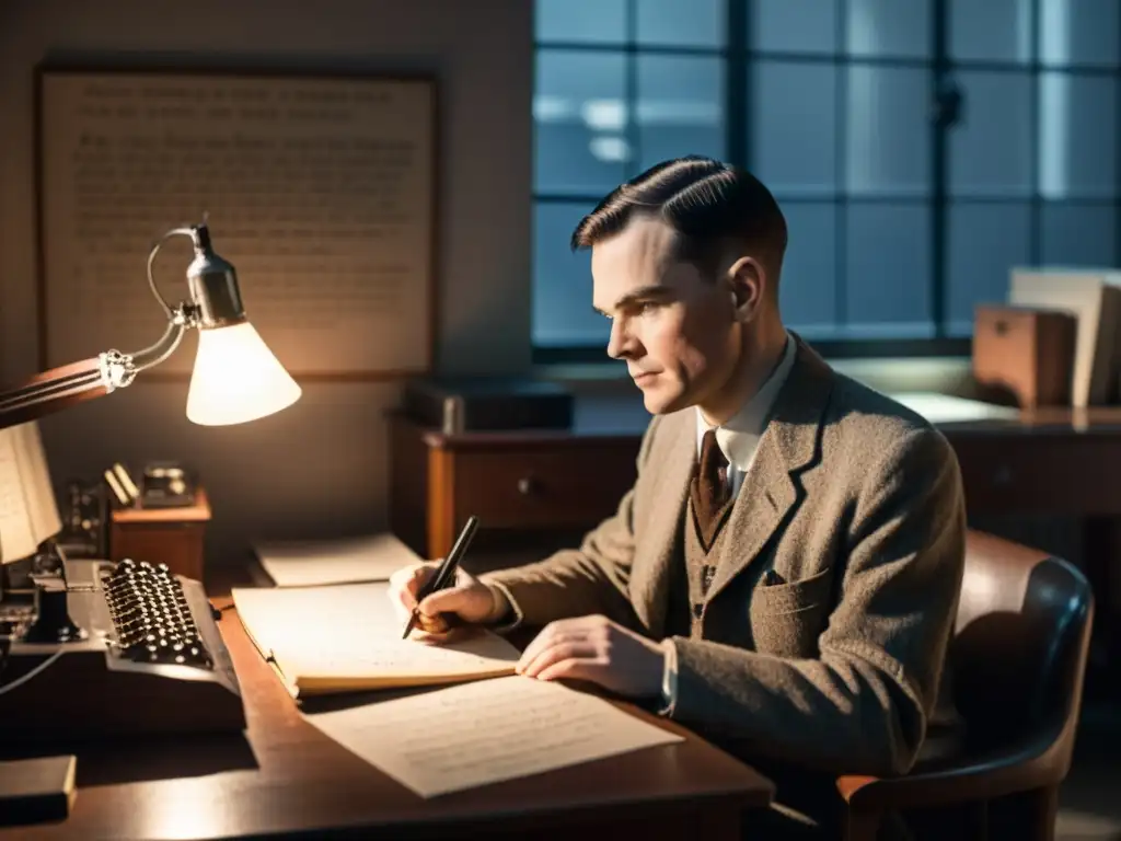 Alan Turing inmerso en su trabajo rodeado de equipo informático antiguo y apuntes manuscritos en una habitación con luz tenue