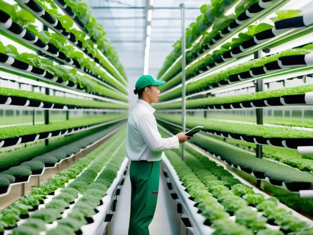 Innovaciones en agricultura moderna: Una granja vertical llena de cultivos verdes, bañada en luz natural, con trabajadores atendiendo con precisión