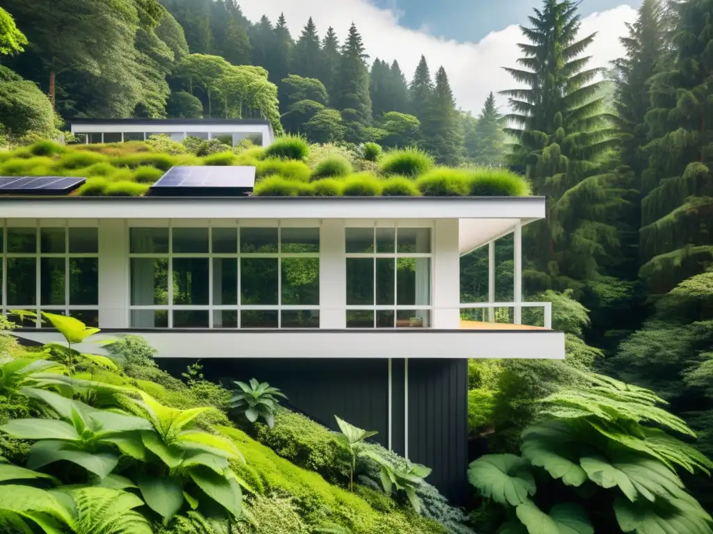 Innovaciones en arquitectura sostenible: Edificio ecológico integrado en exuberante bosque, luz solar filtrándose entre árboles