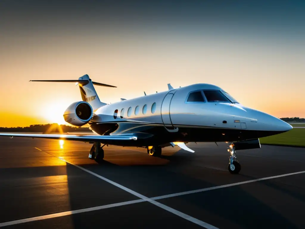 Jet privado vintage al atardecer Innovaciones en aviación privada: Fotografía en blanco y negro de un lujoso jet privado en una pista al atardecer, evocando exclusividad y modernidad