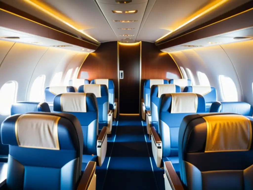 Innovaciones en cabina: ambiente vintage de lujo en avión plateado, asientos azul profundo y detalles dorados, iluminación cálida