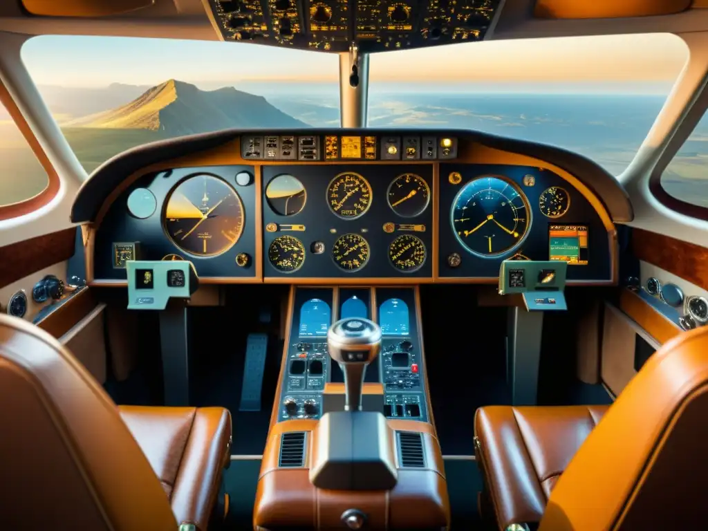 Innovaciones en cabina tecnología vuelo: Integración de tecnología sostenible en un elegante cockpit vintage, evocando tradición e innovación