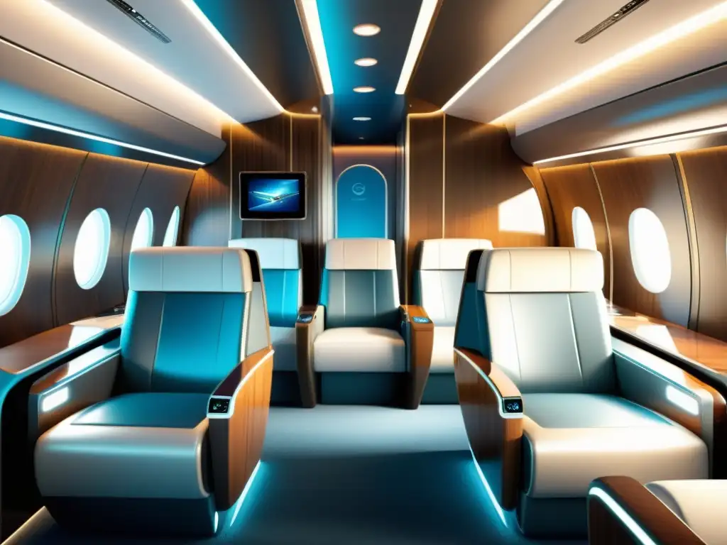 Innovaciones en cabina tecnología vuelo: Una cabina de avión retrofuturista con tecnología avanzada integrada en un diseño elegante y confortable