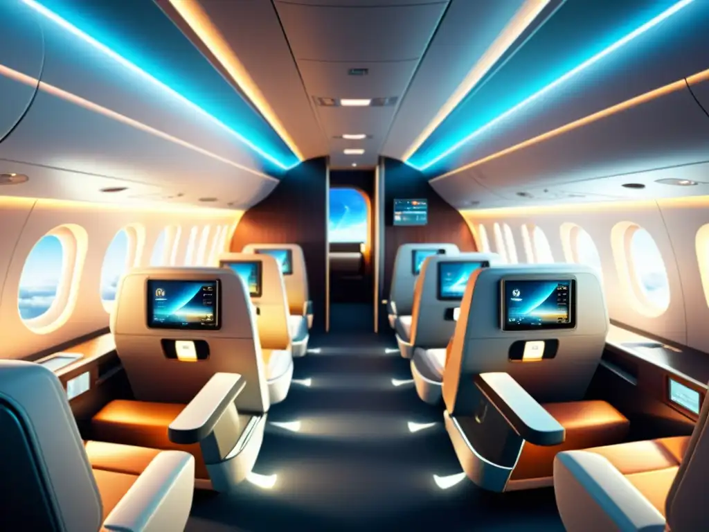 Innovaciones en cabina, tecnología de vuelo: Cabina futurista con controles avanzados y asientos cómodos, iluminación cálida y diseño retro-futurista