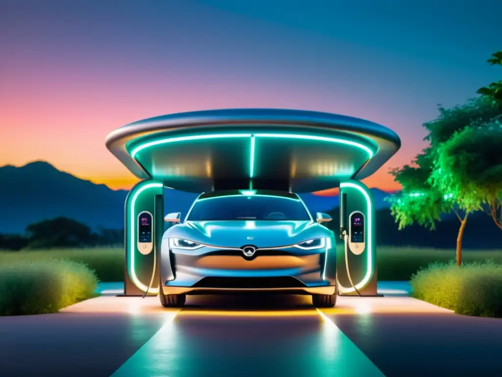 Innovaciones en estaciones de carga para coches eléctricos con diseño retrofuturista, luces de neón y naturaleza exuberante al atardecer