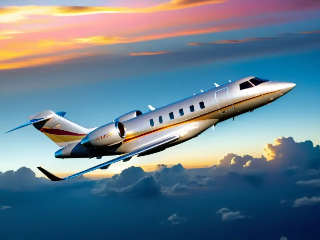Jet privado plateado surcando el atardecer Innovaciones en aviación privada: Un elegante jet plateado surca el cielo azul al atardecer, reflejando los cálidos tonos dorados del sol