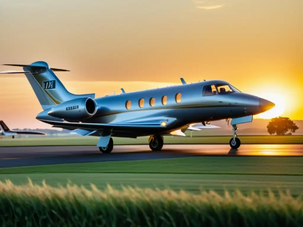 Avión privado plateado en puesta de sol dorada Innovaciones en aviación privada: Una escena nostálgica con un lujoso avión privado plateado estacionado en un campo, bañado por el cálido resplandor dorado del atardecer, rodeado de pasajeros y tripulación elegantemente vestidos