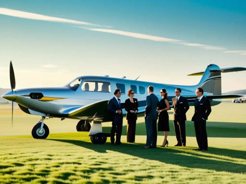 Avión privado vintage en campo soleado: lujo y elegancia Innovaciones en aviación privada: Imagen vintage de un elegante avión privado en una pista, rodeado de personas elegantes y paisajes lujosos