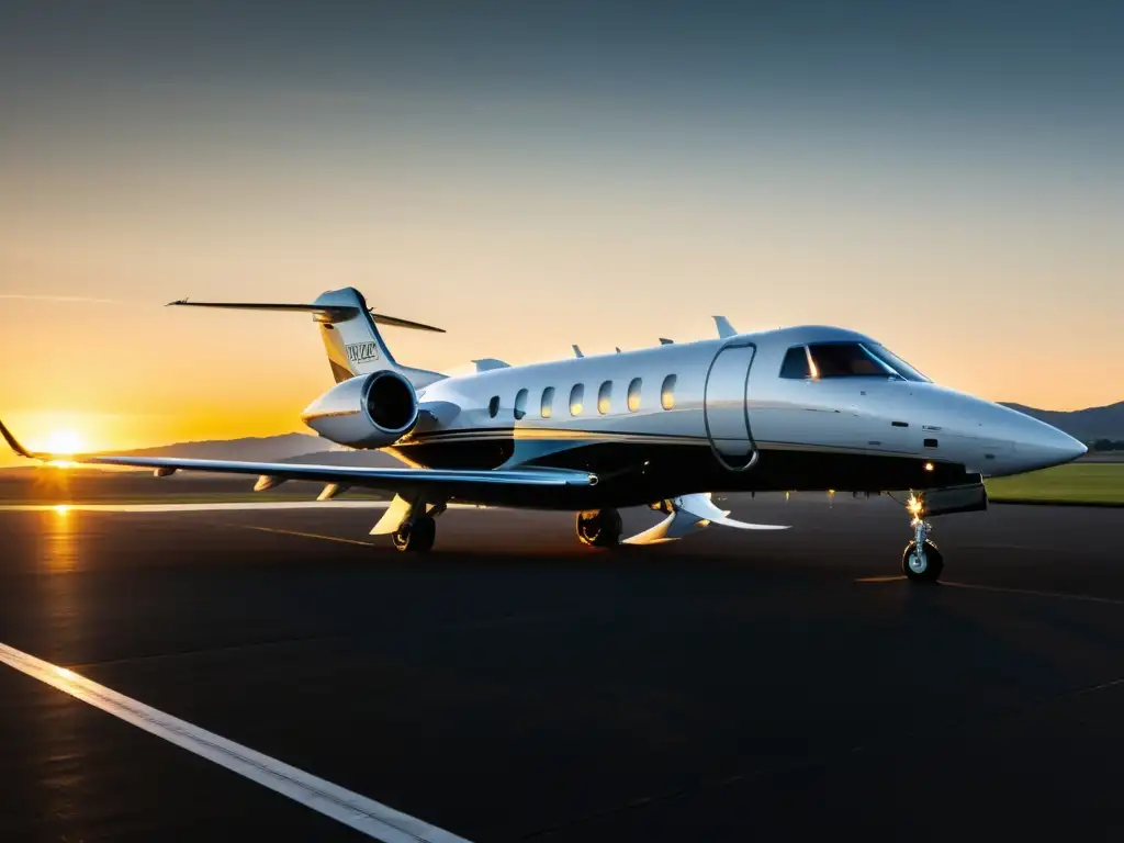 Jet privado clásico al atardecer: lujo y elegancia Innovaciones en aviación privada: Un jet privado clásico en una pista al atardecer, bañado por una cálida luz dorada