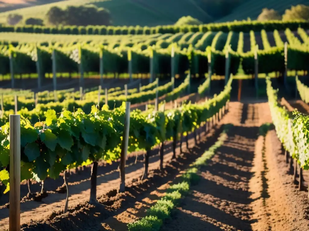 Innovaciones en la viticultura moderna: Viñedo en la puesta de sol, con filas de vides recortadas y hermosa luz dorada