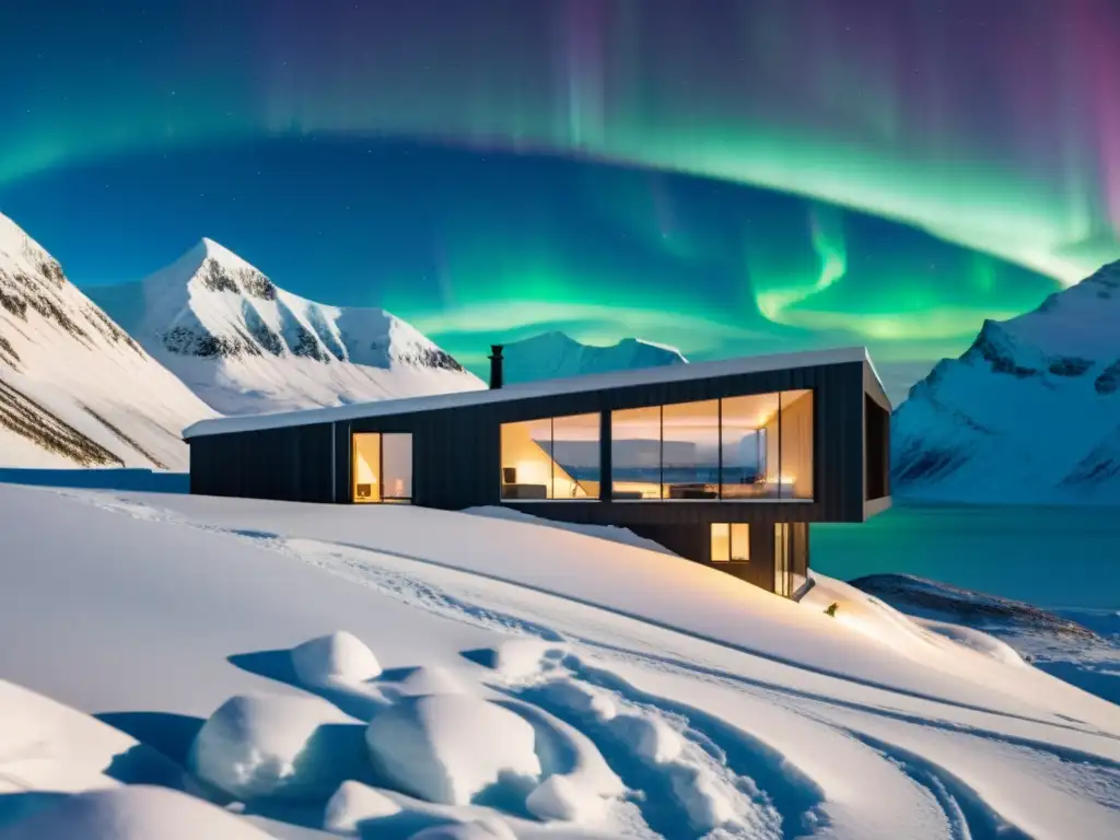 Innovadoras casas pueblos Ártico: Casa moderna entre montañas nevadas, con paneles solares y ventanas amplias, iluminada por la aurora boreal