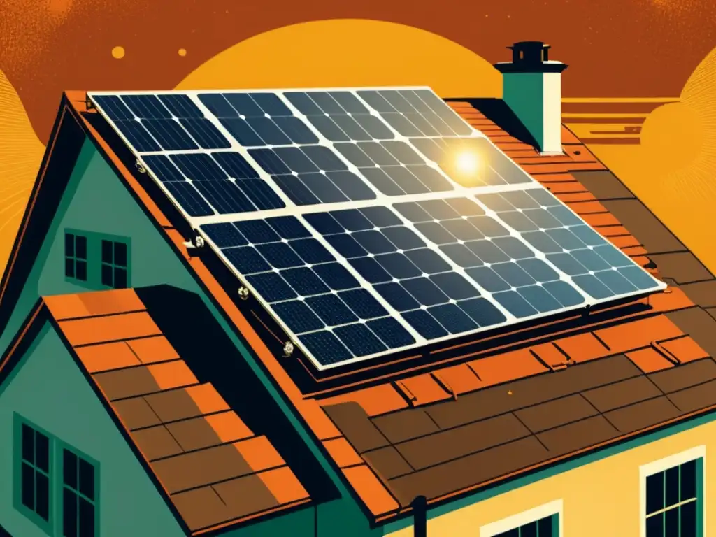 Una ilustración vintage de una instalación de paneles solares en un techo, con detalles intrincados de las celdas solares y tecnología circundante