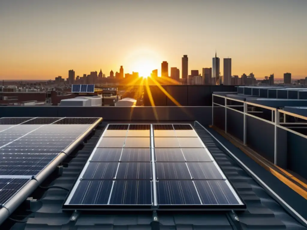 Instalación de paneles solares en tejado urbano, bañados por cálido resplandor solar