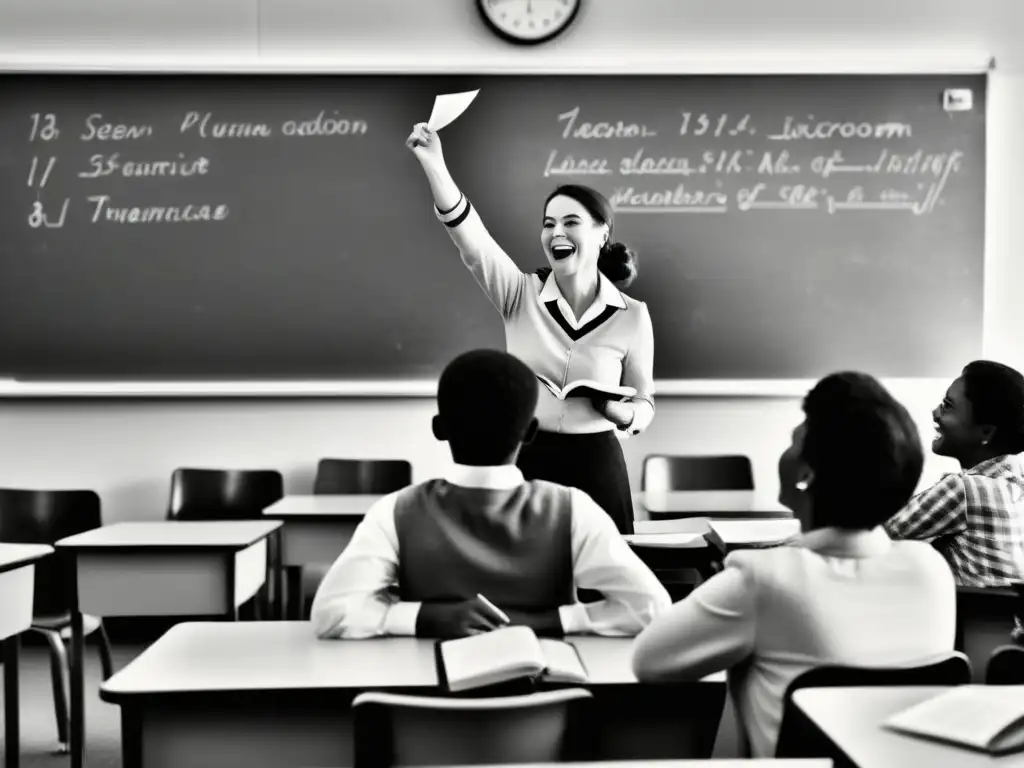 Un instructor sonriente enseña apasionadamente a estudiantes comprometidos en un aula