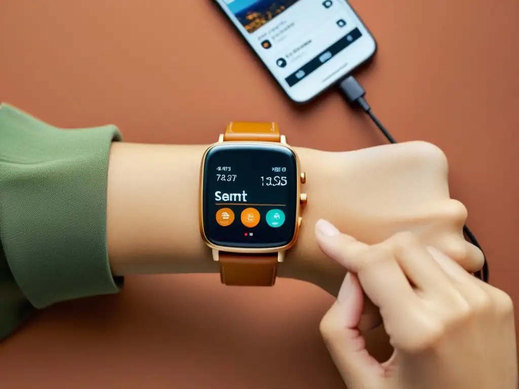Conexión inteligente: Vintage smartwatch sincronizado con elegancia Integración de smartwatches con dispositivos inteligentes: mano con reloj clásico y dispositivos conectados, atmósfera cálida y sofisticada