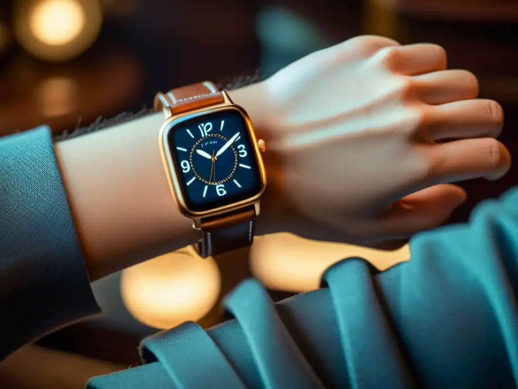 Reloj inteligente vintage en muñeca elegante Integración de smartwatches con dispositivos inteligentes: un reloj elegante en la muñeca, iluminado en una habitación vintage sofisticada