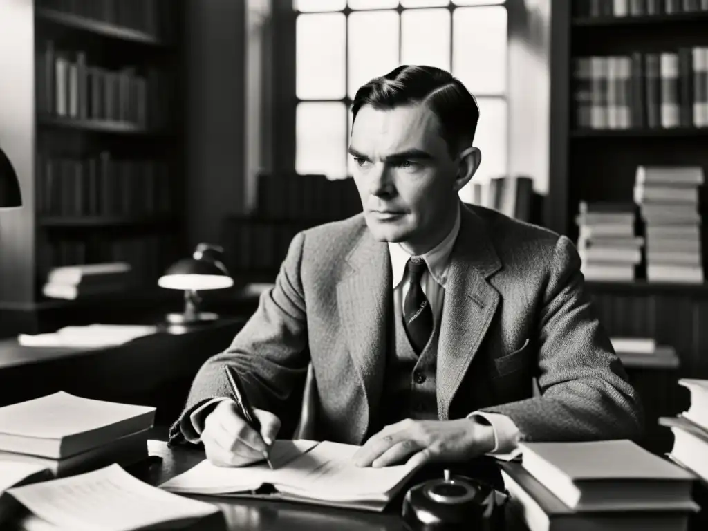 Alan Turing, pionero de la inteligencia artificial, reflexiona en su escritorio entre libros y papeles en una atmósfera nostálgica