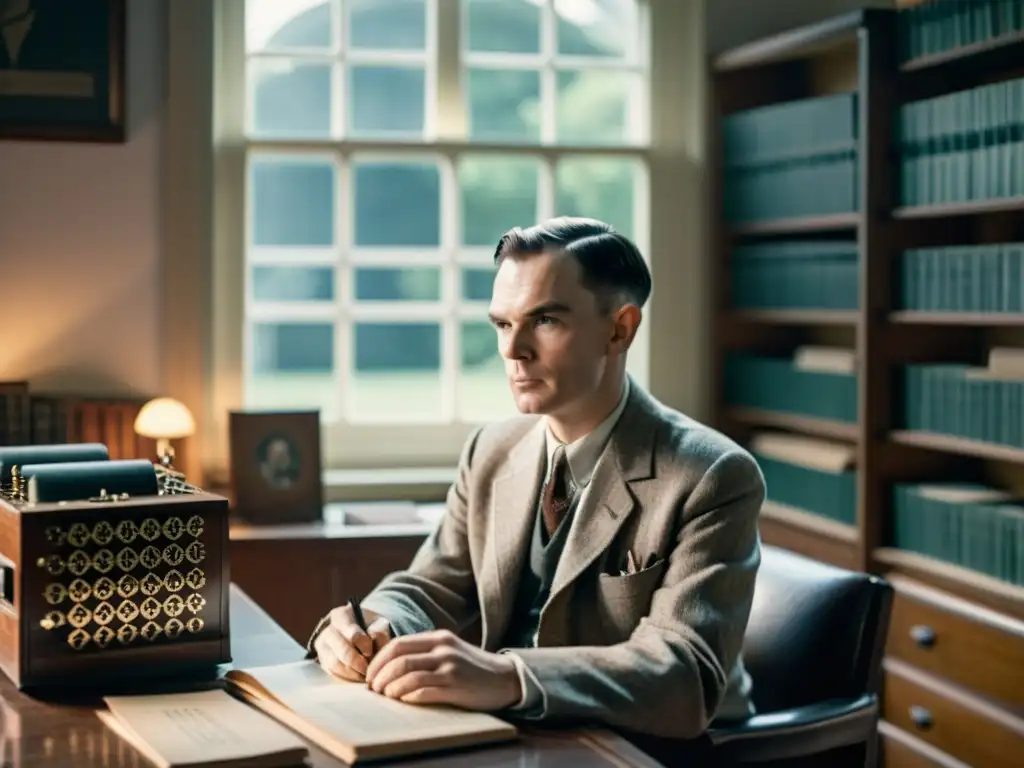 Alan Turing, pionero de la inteligencia artificial, reflexiona en su estudio rodeado de libros y papeles en una fotografía vintage sepia