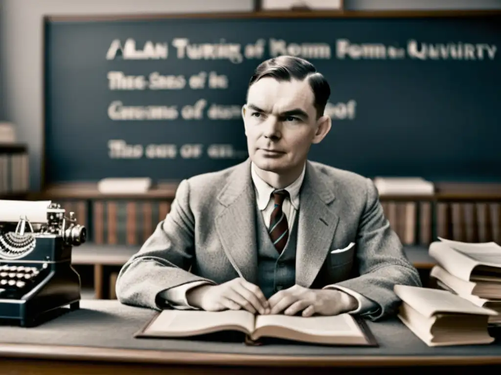 Alan Turing, pionero de la inteligencia artificial, reflexivo en su escritorio rodeado de libros y máquinas de computación en blanco y negro