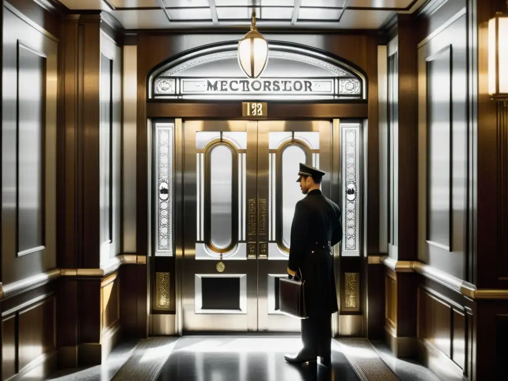 Interior de ascensor histórico con detalles elegantes y pasajeros de época, capturando el impacto del ascensor en arquitectura