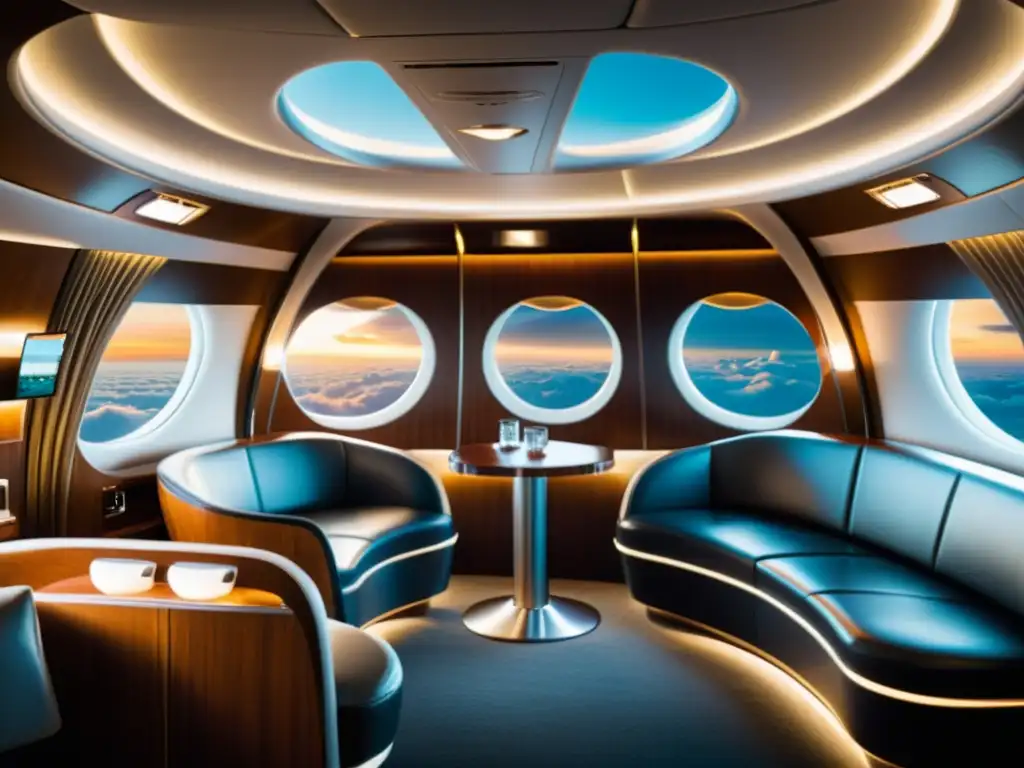 Interior de cabina de avión futurista con innovaciones tecnológicas y ambiente lujoso