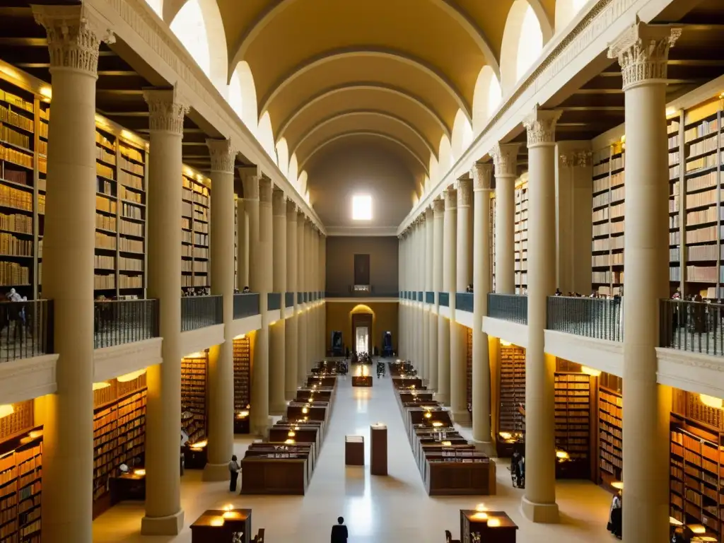 Interior impresionante de la histórica Biblioteca de Alejandría, con antiguos rollos y libros, eruditos y una arquitectura imponente