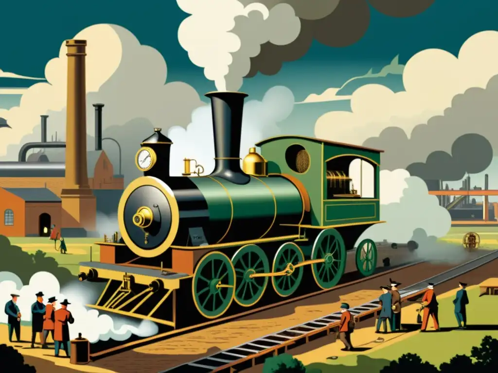 La revolución industrial en acción: la máquina de vapor de James Watt Invento de la máquina de vapor: Ilustración vintage de la revolución industrial con la potente máquina de Watt en pleno funcionamiento